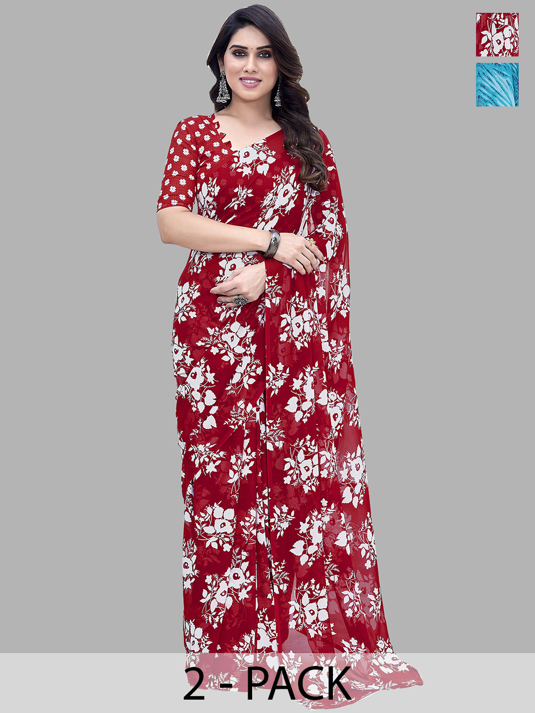

ANAND SAREES Selection of 2 Floral Printed Saree, Blue