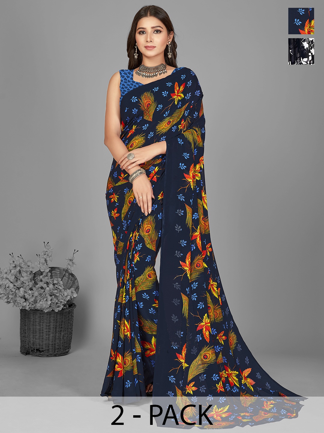 ANAND SAREES Selection of 2 Floral Printed Saree, Black