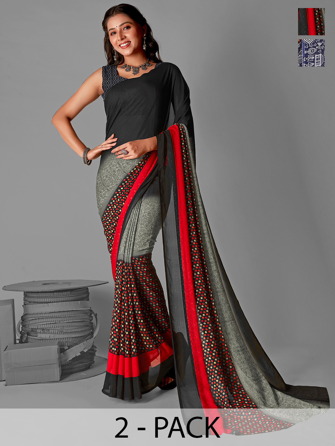

ANAND SAREES Selection of 2 Printed Saree, Navy blue