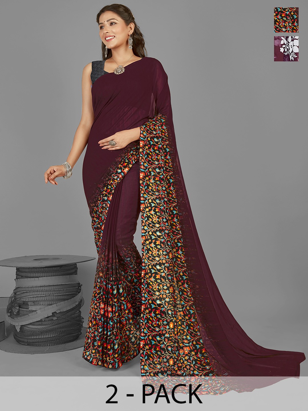 

ANAND SAREES Pack of 2 Floral Saree, Burgundy