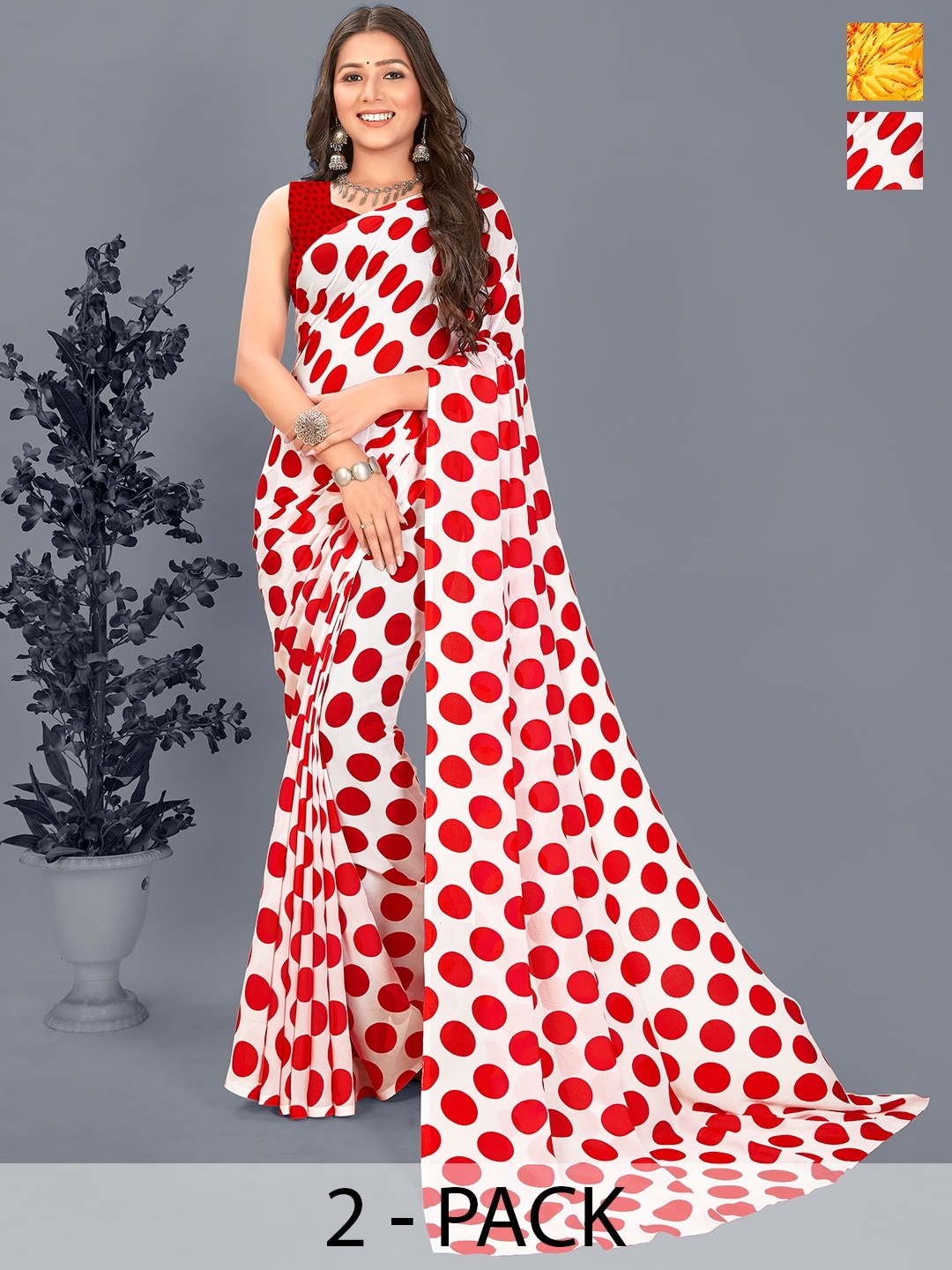 

ANAND SAREES Polka Dot Pack of 2 Saree, Red