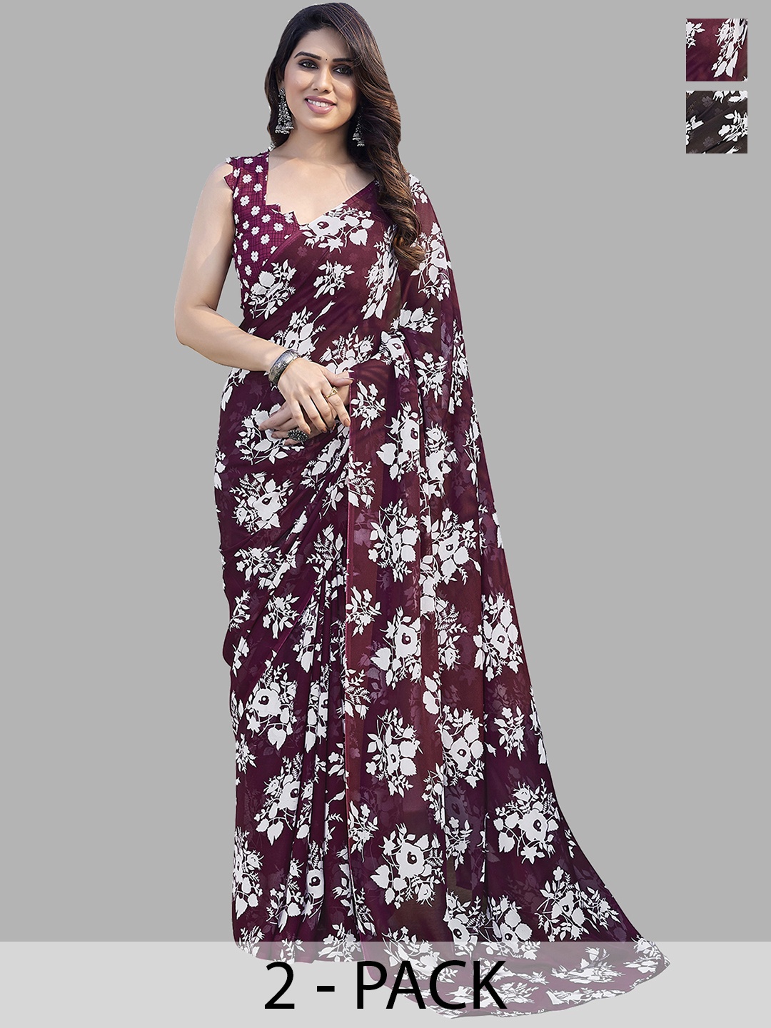 

ANAND SAREES Floral Pack of 2 Saree, Maroon