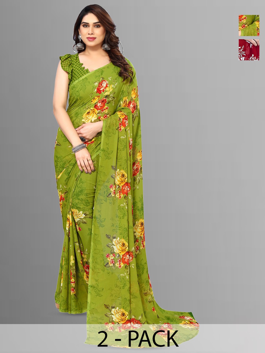 

ANAND SAREES Selection of 2 Floral Printed Saree, Green