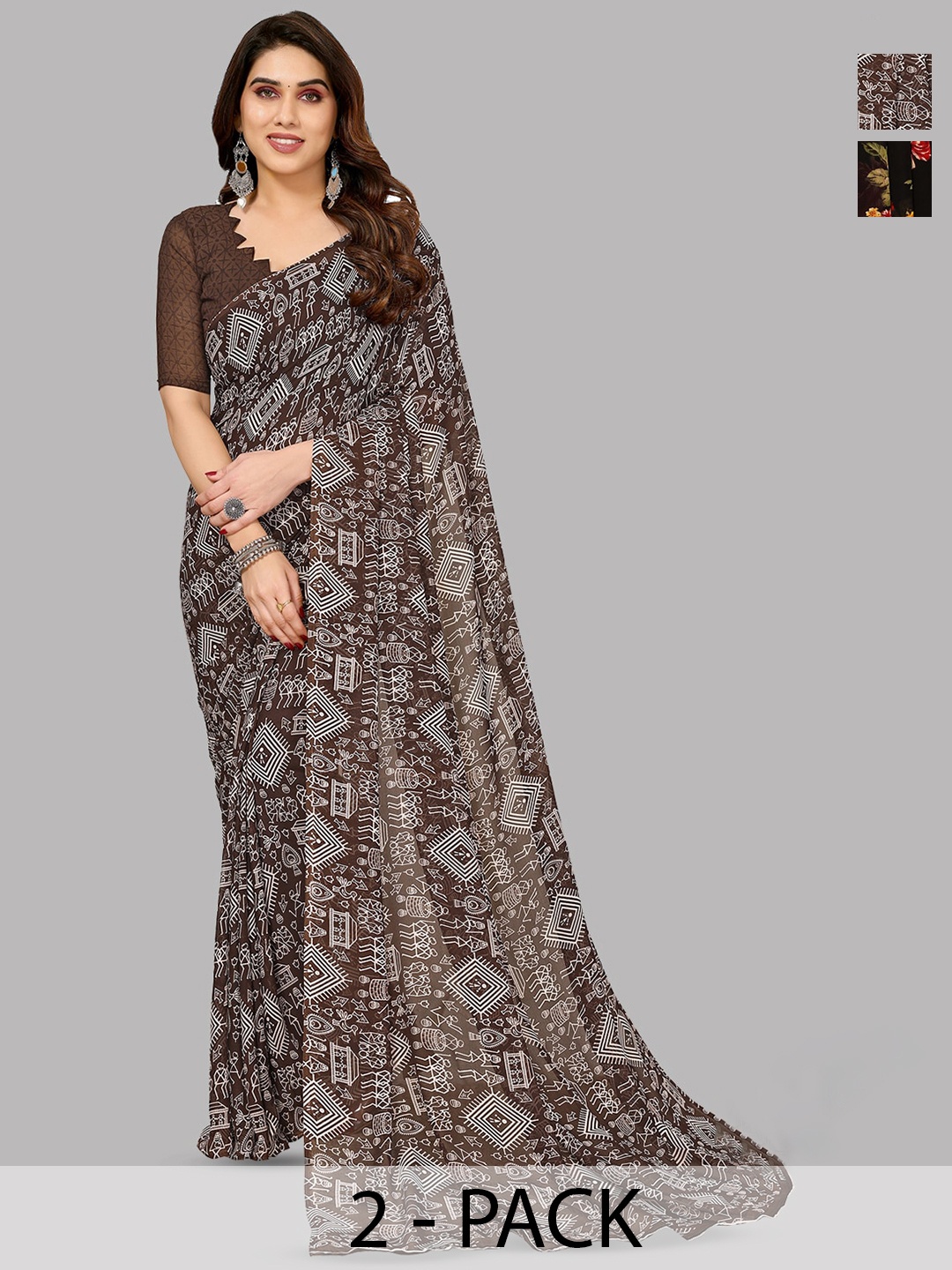 

ANAND SAREES Selection Of 2 Floral Printed Saree, Brown