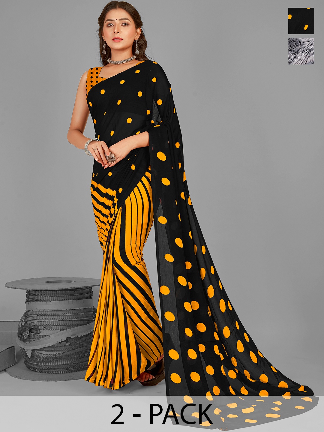 

ANAND SAREES Polka Dots Pack of 2 Saree, Black