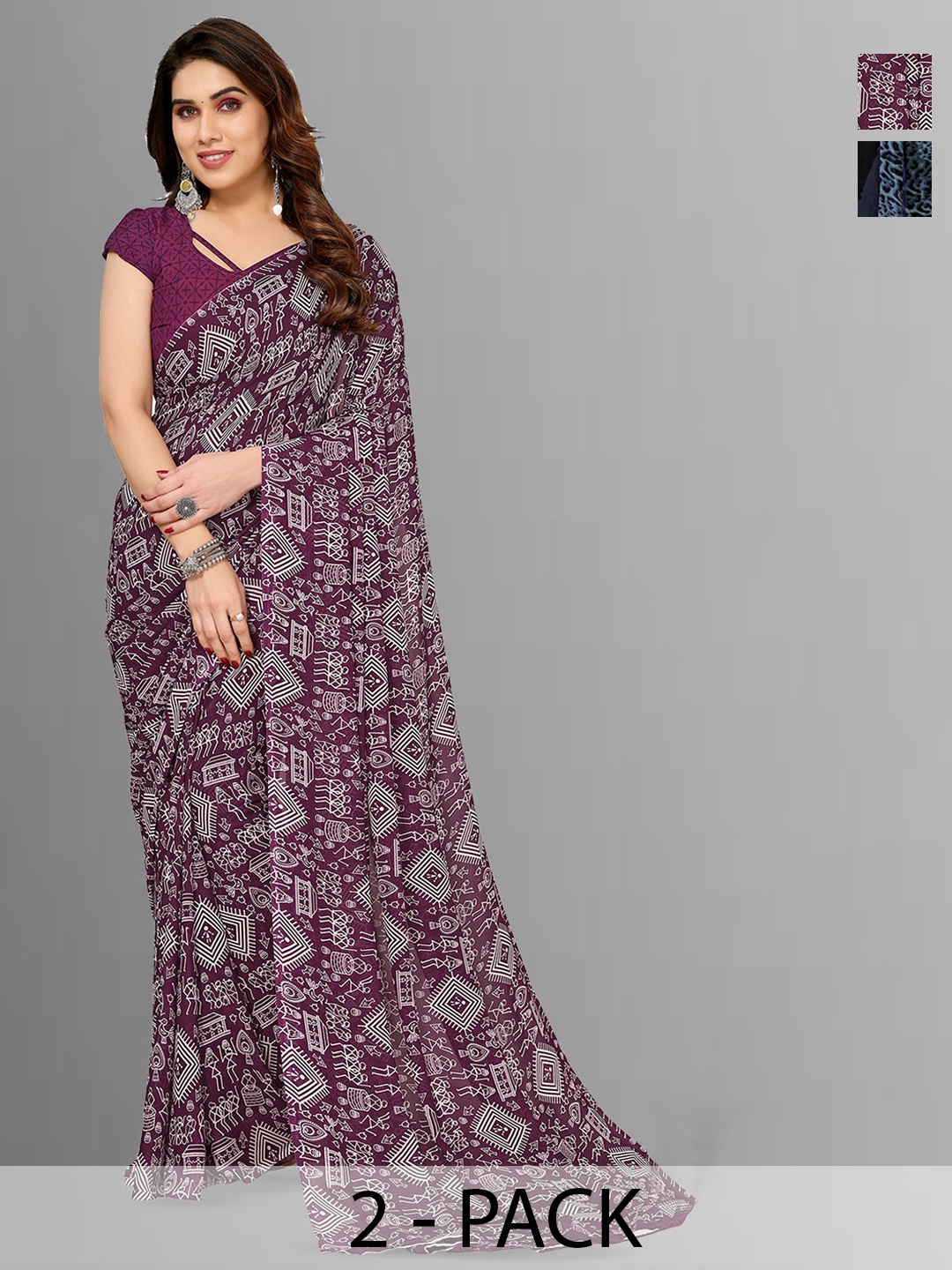 

ANAND SAREES Selection of 2 Warli Printed Saree, Purple