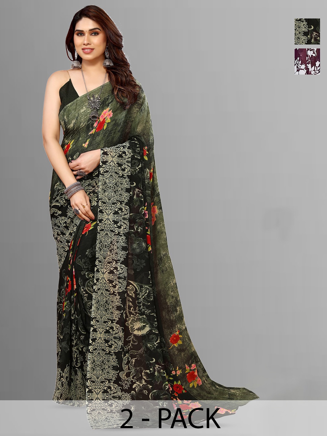 

ANAND SAREES Selection Of 2 Floral Printed Saree, Green