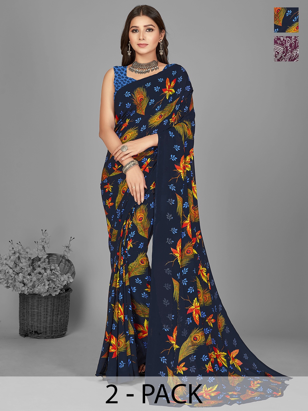 ANAND SAREES Floral Pack of 2 Saree, Black
