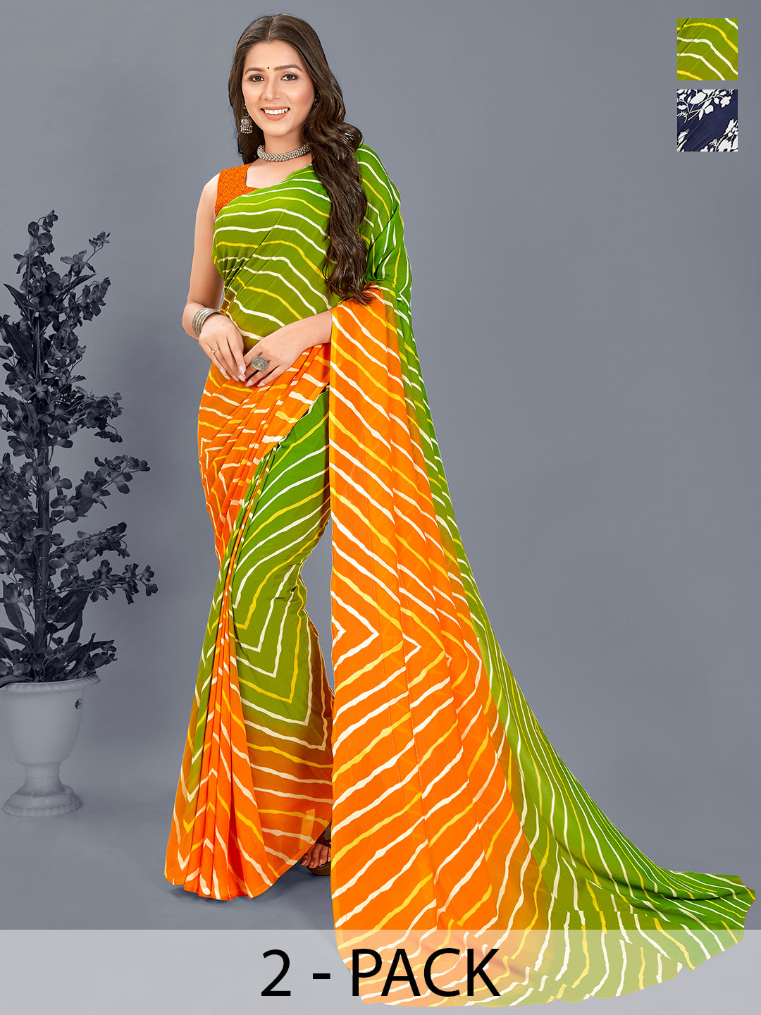 

ANAND SAREES Striped Saree Pack of 2, Green