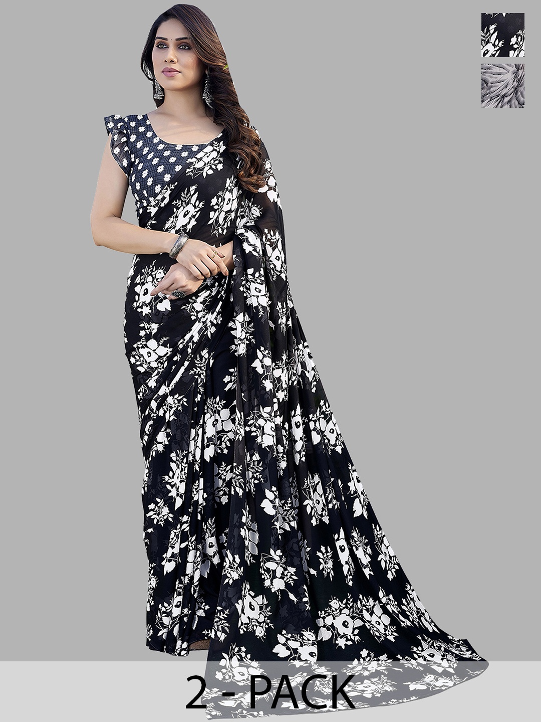 

ANAND SAREES Floral Pack of 2 Saree, Black