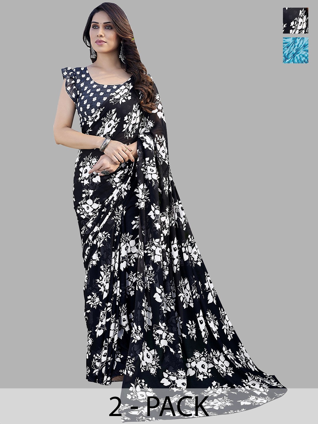 

ANAND SAREES Floral Pack of 2 Saree, Black