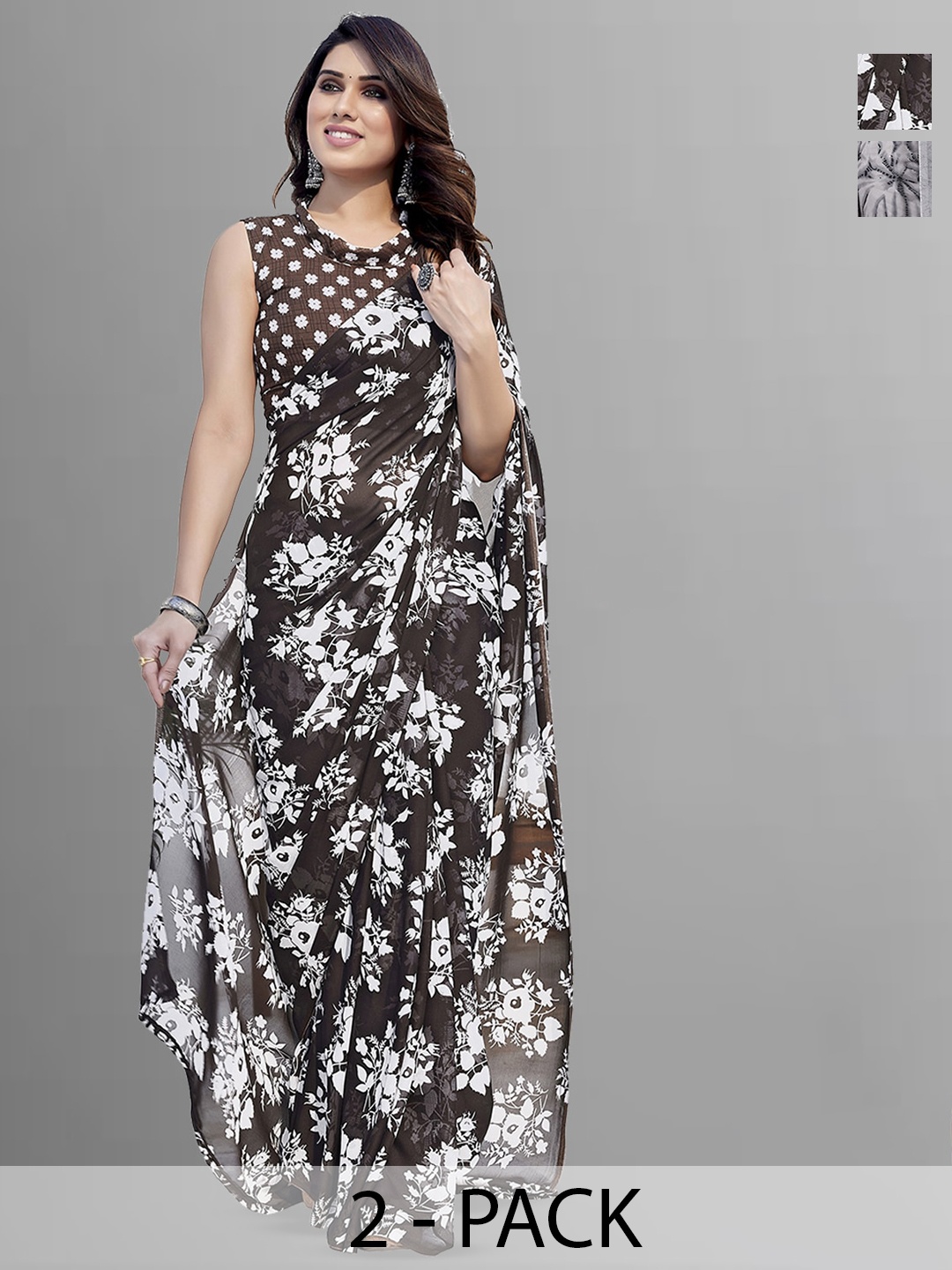 ANAND SAREES Selection Of 2 Floral Printed Saree, Black