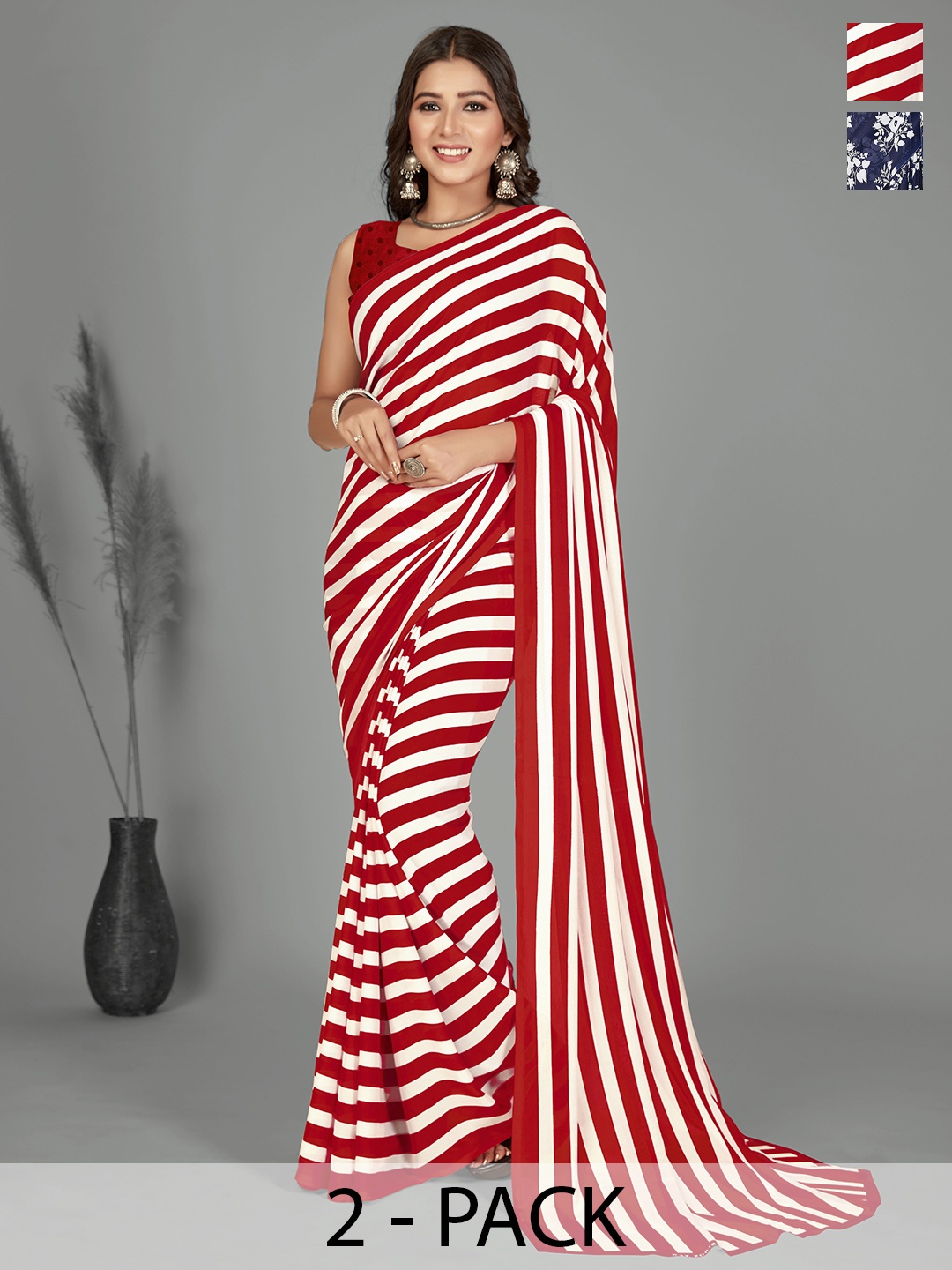 

ANAND SAREES Striped Pack of 2 Saree, Red