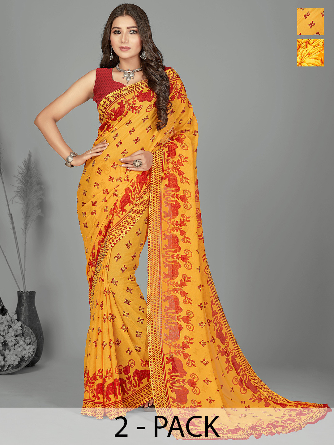 

ANAND SAREES Ethnic Motifs Pack of 2 Saree, Yellow