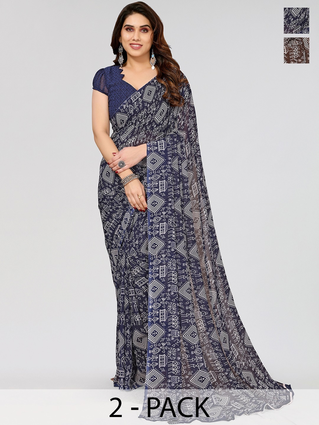 

ANAND SAREES Warli Pack of 2 Saree, Blue