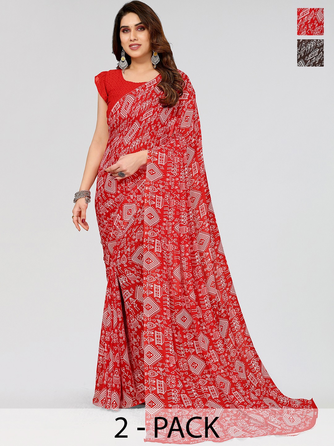 ANAND SAREES Warli Pack of 2 Saree, Red