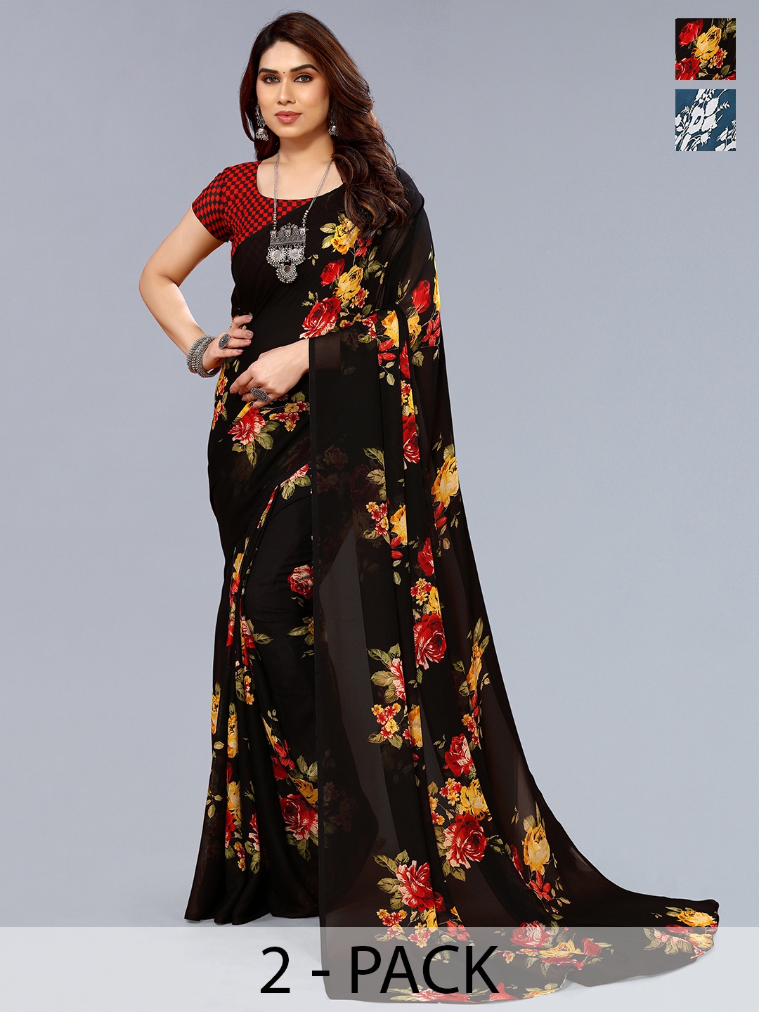 

ANAND SAREES Floral Pack of 2 Saree, Black