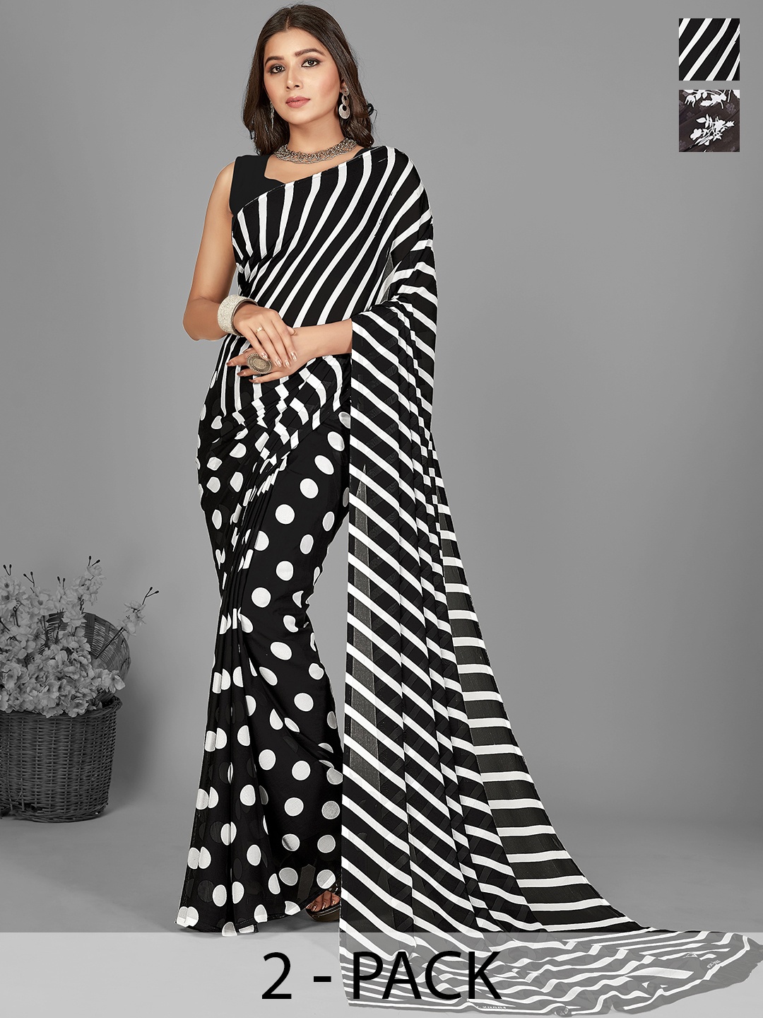 ANAND SAREES Polka dots Pack of 2 Saree, Black