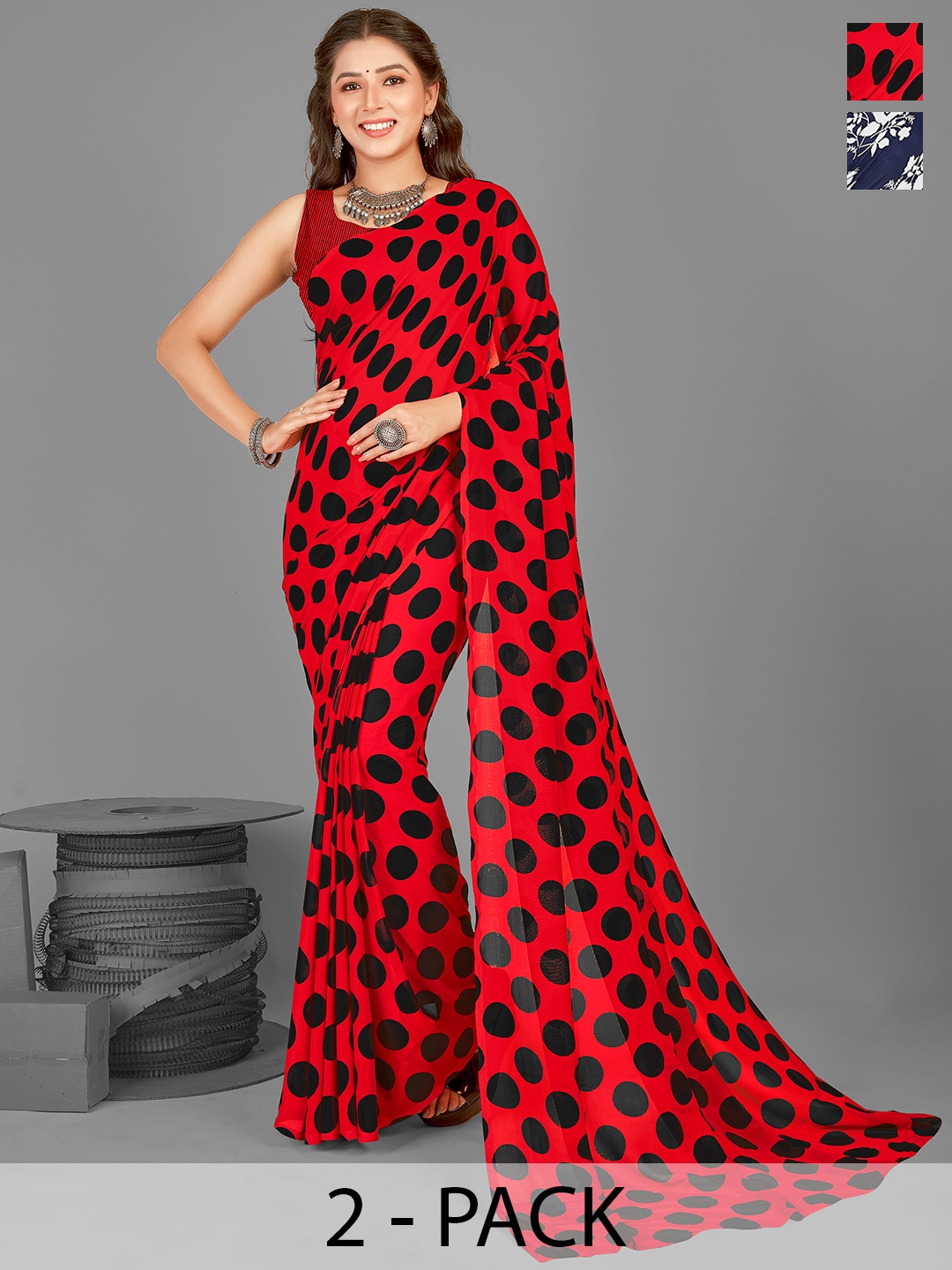 

ANAND SAREES Polka dots Pack of 2 Saree, Red