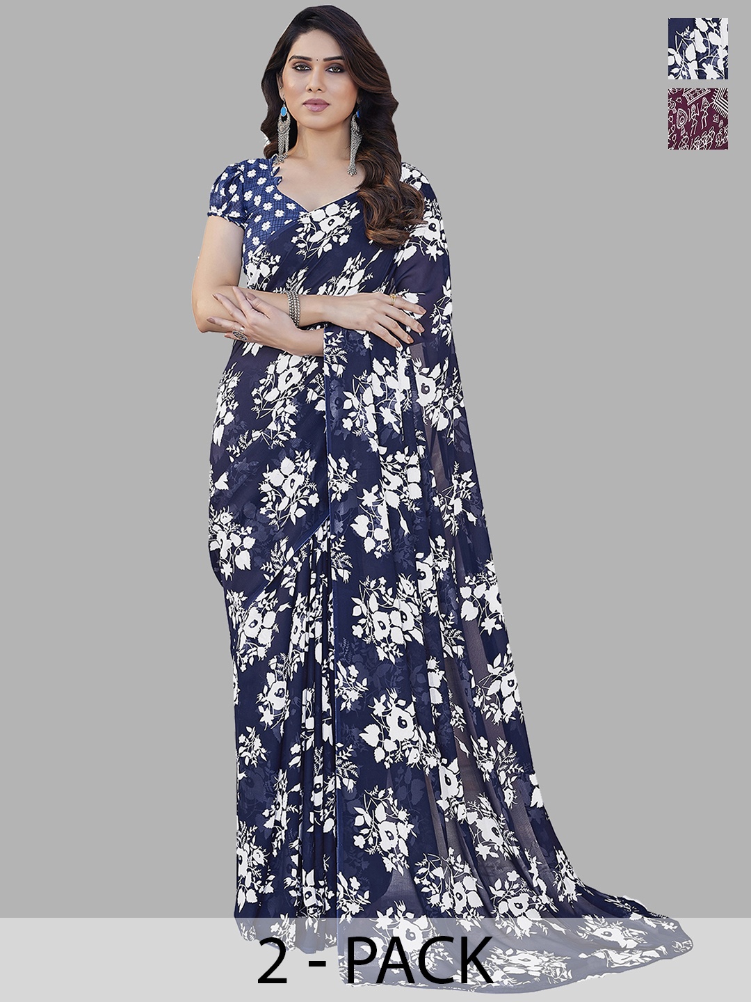 ANAND SAREES Floral Pack of 2 Saree, Navy blue