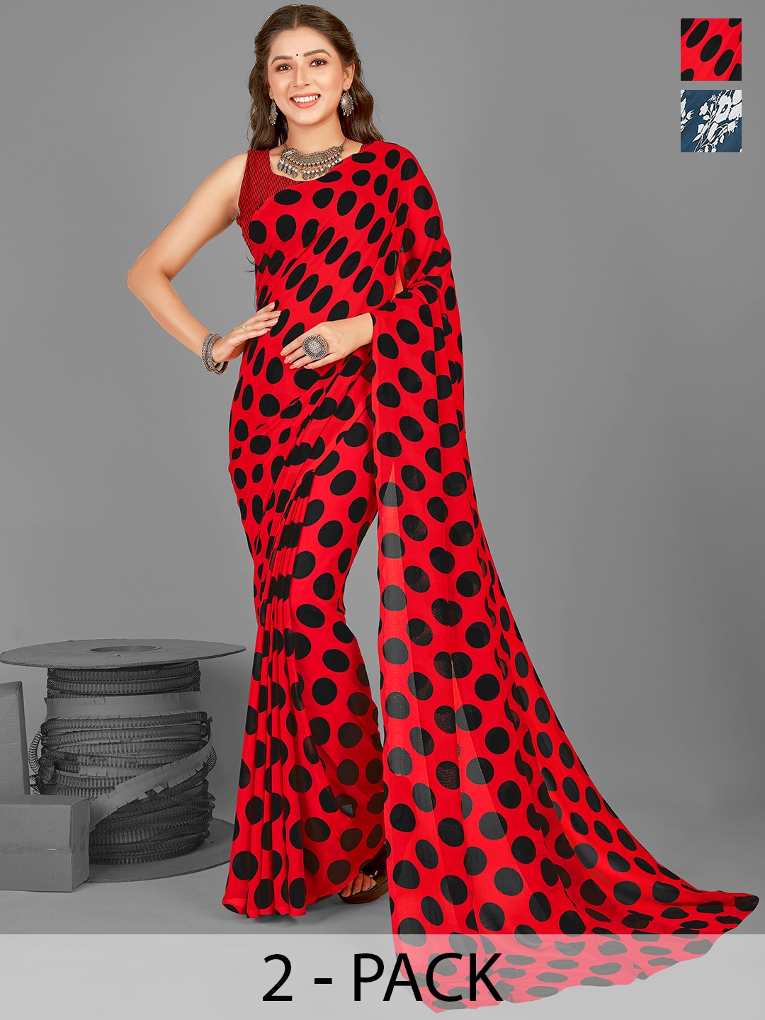 

ANAND SAREES Polka dots Pack of 2 Saree, Red