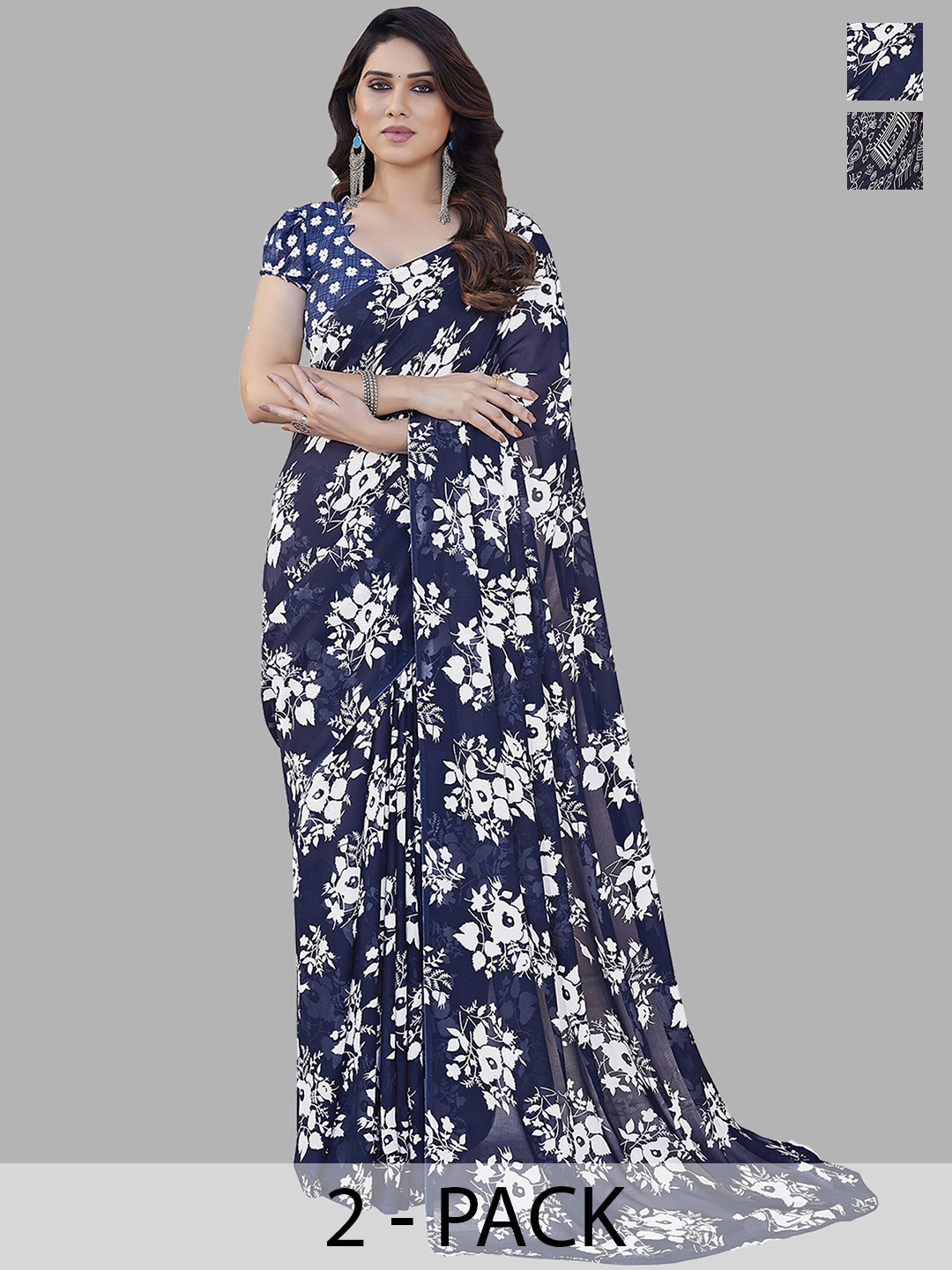 ANAND SAREES Floral Pack of 2 Saree, Navy blue