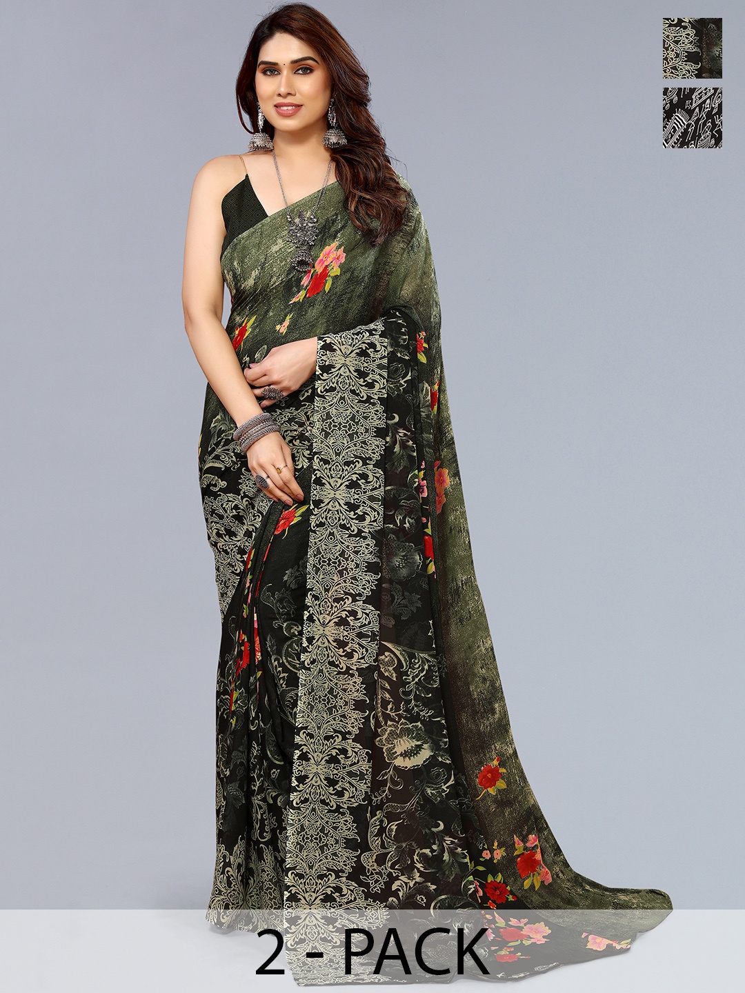 

ANAND SAREES Floral Pack of 2 Saree, Brown