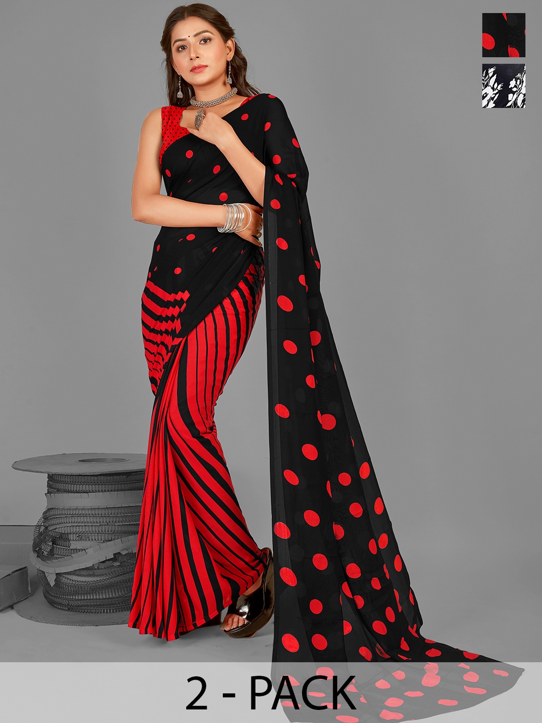 ANAND SAREES Selection of 2 Floral Printed Saree, Black
