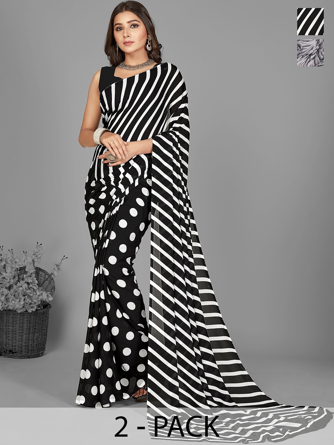 

ANAND SAREES Polka Dot Pack of 2 Saree, Black