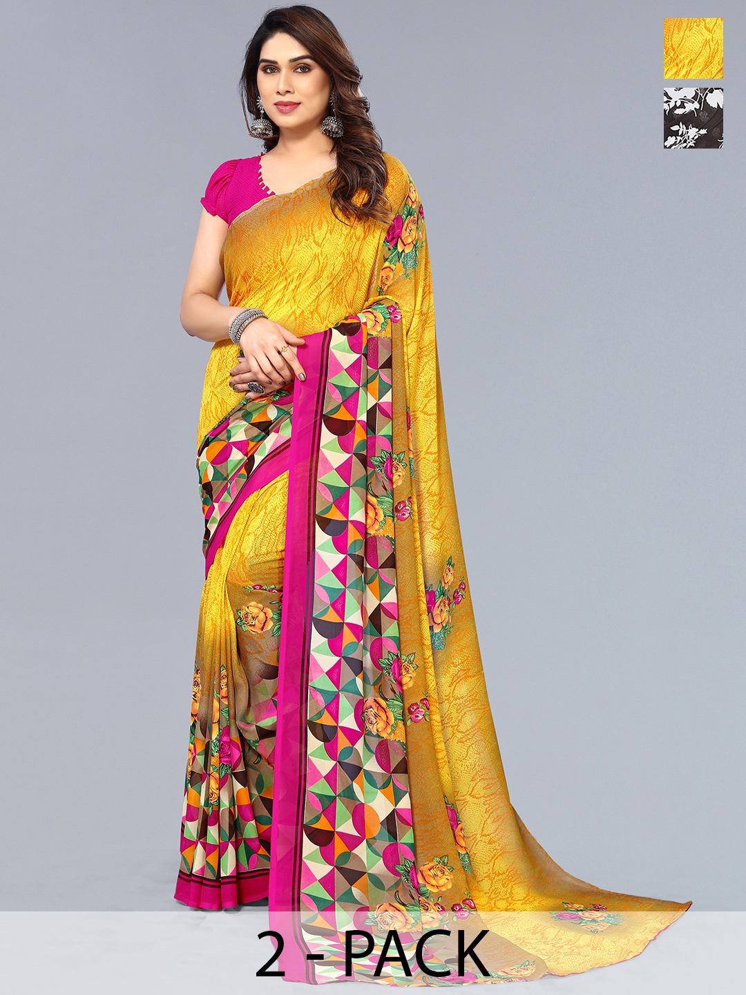 

ANAND SAREES Floral Pack of 2 Saree, Yellow