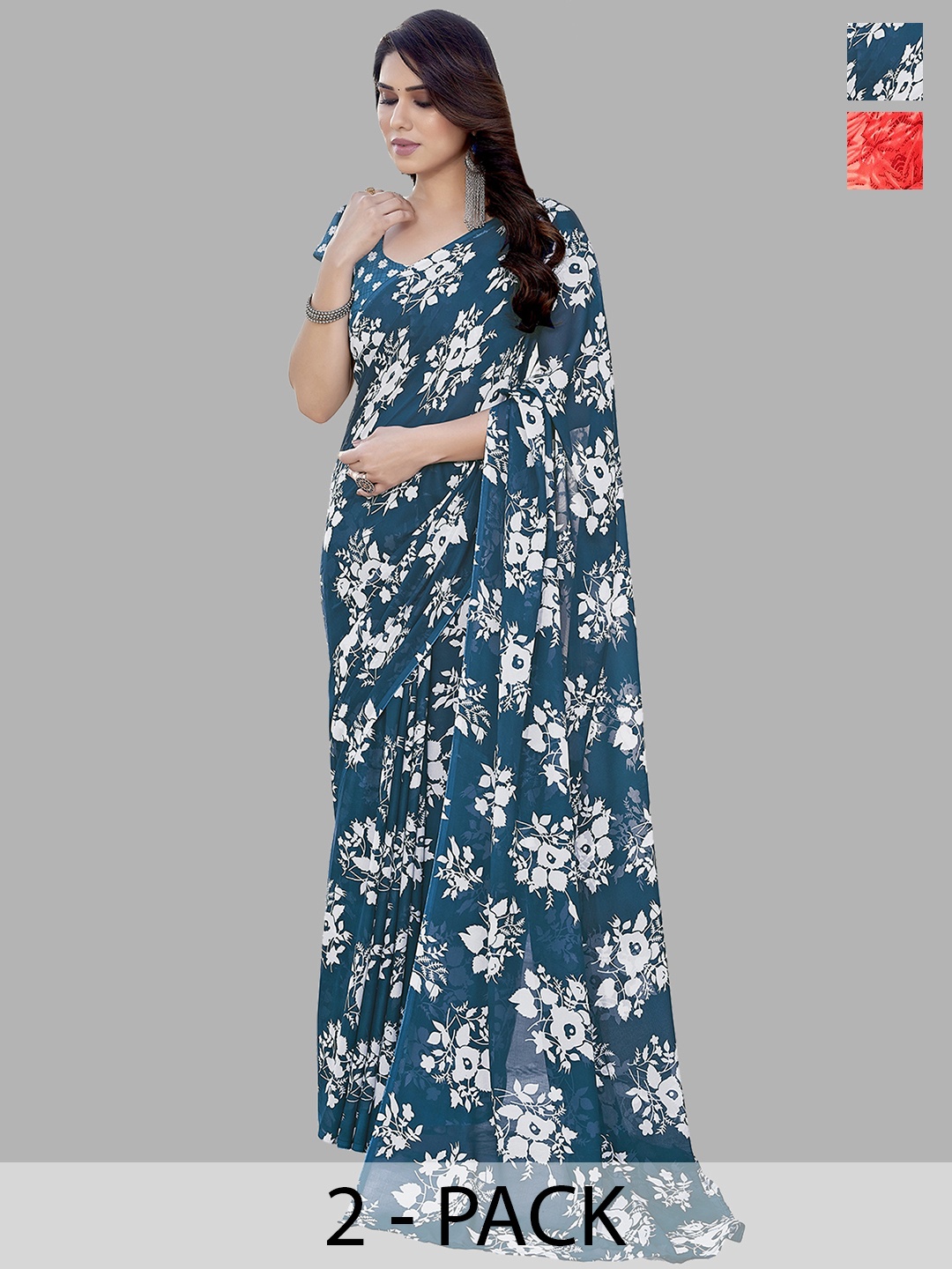

ANAND SAREES Floral Pack of 2 Saree, Teal