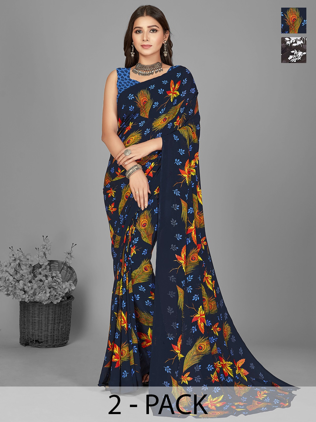 

ANAND SAREES Floral Pack of 2 Saree, Brown