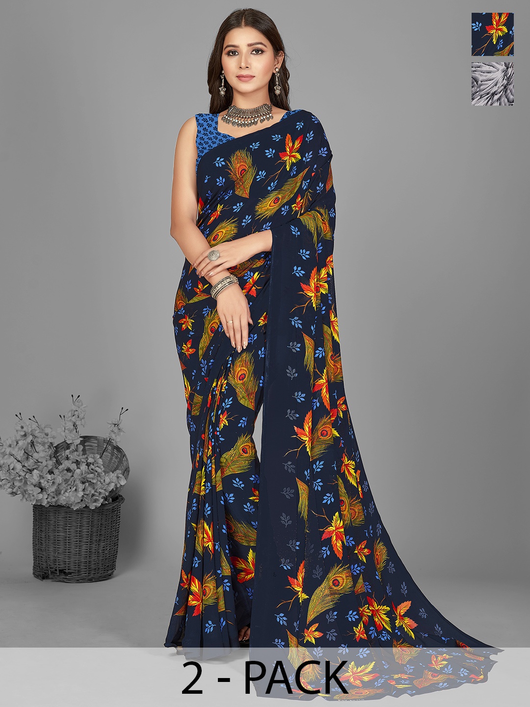 

ANAND SAREES Printed Pack of 2 Saree, Grey