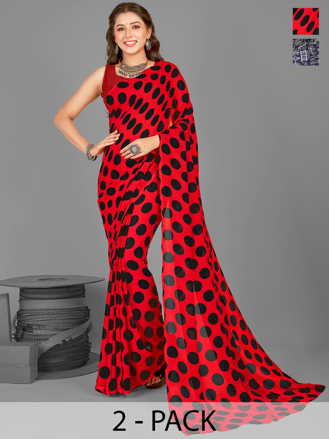 

ANAND SAREES Polka Dot Pack of 2 Saree, Red