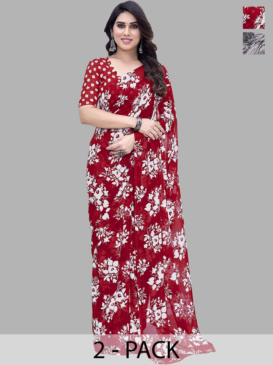 

ANAND SAREES Floral Pack of 2 Saree, Red