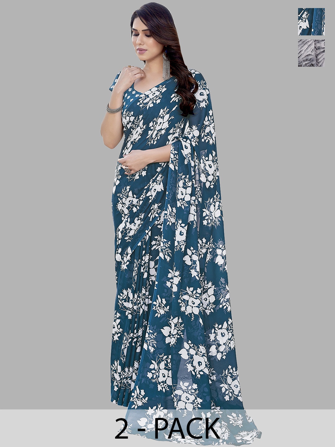 ANAND SAREES Floral Pack of 2 Saree, Teal