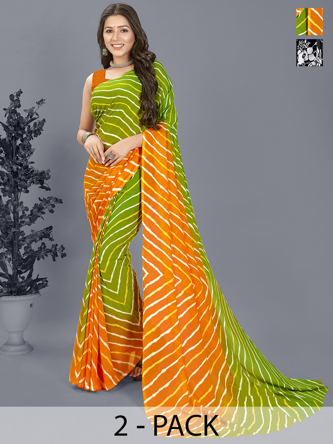 ANAND SAREES Leheriya Pack of 2 Saree, Green
