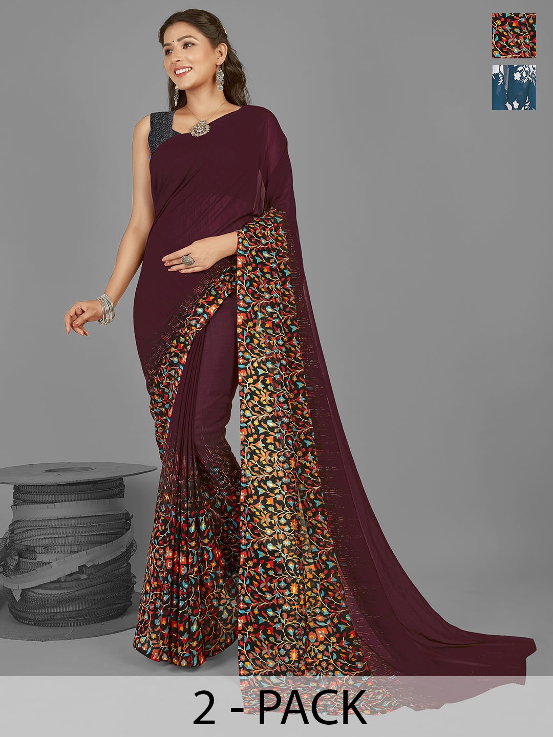 ANAND SAREES Floral Pack of 2 Saree, Teal