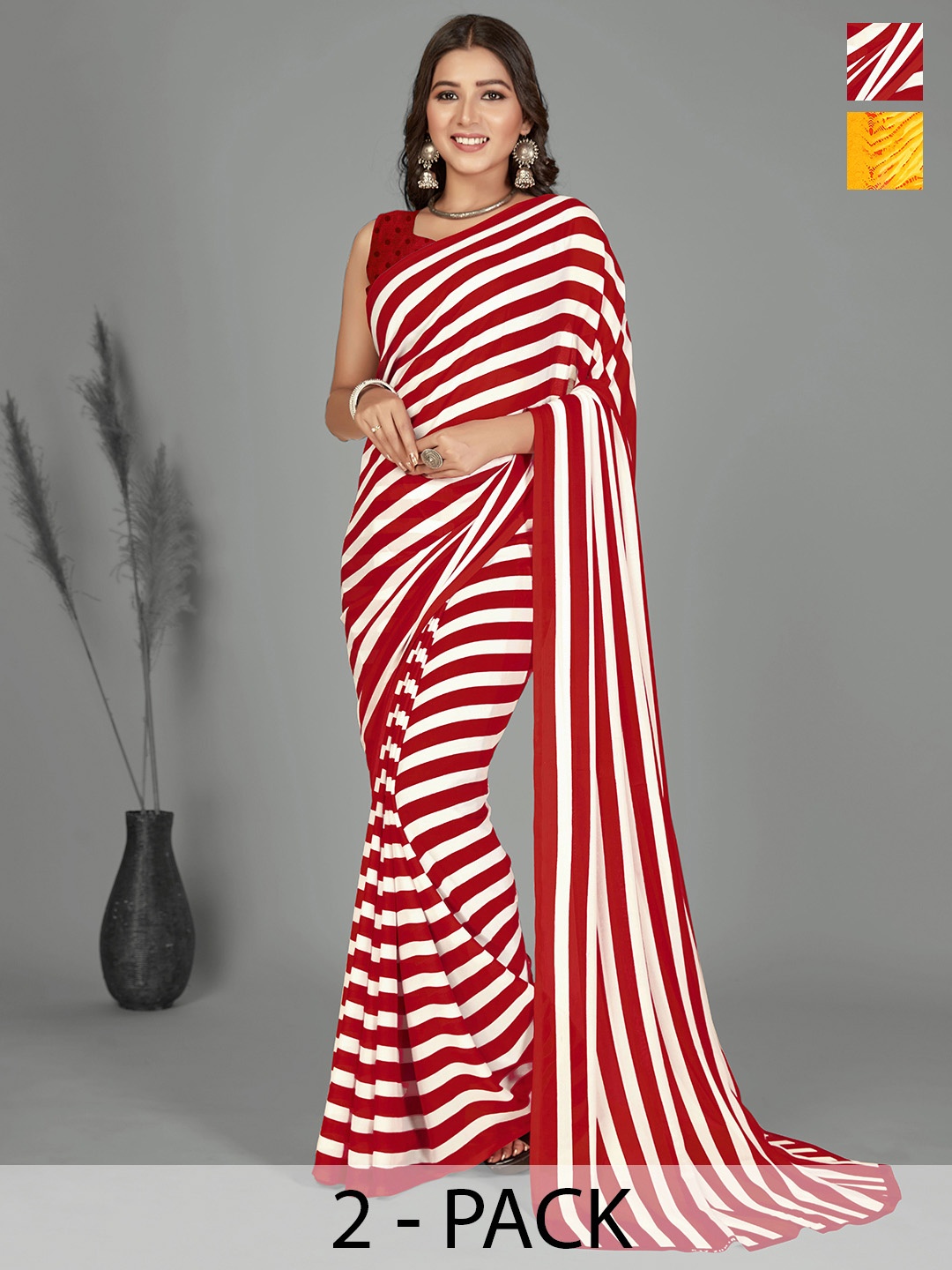 

ANAND SAREES Striped Pack of 2 Saree, Red