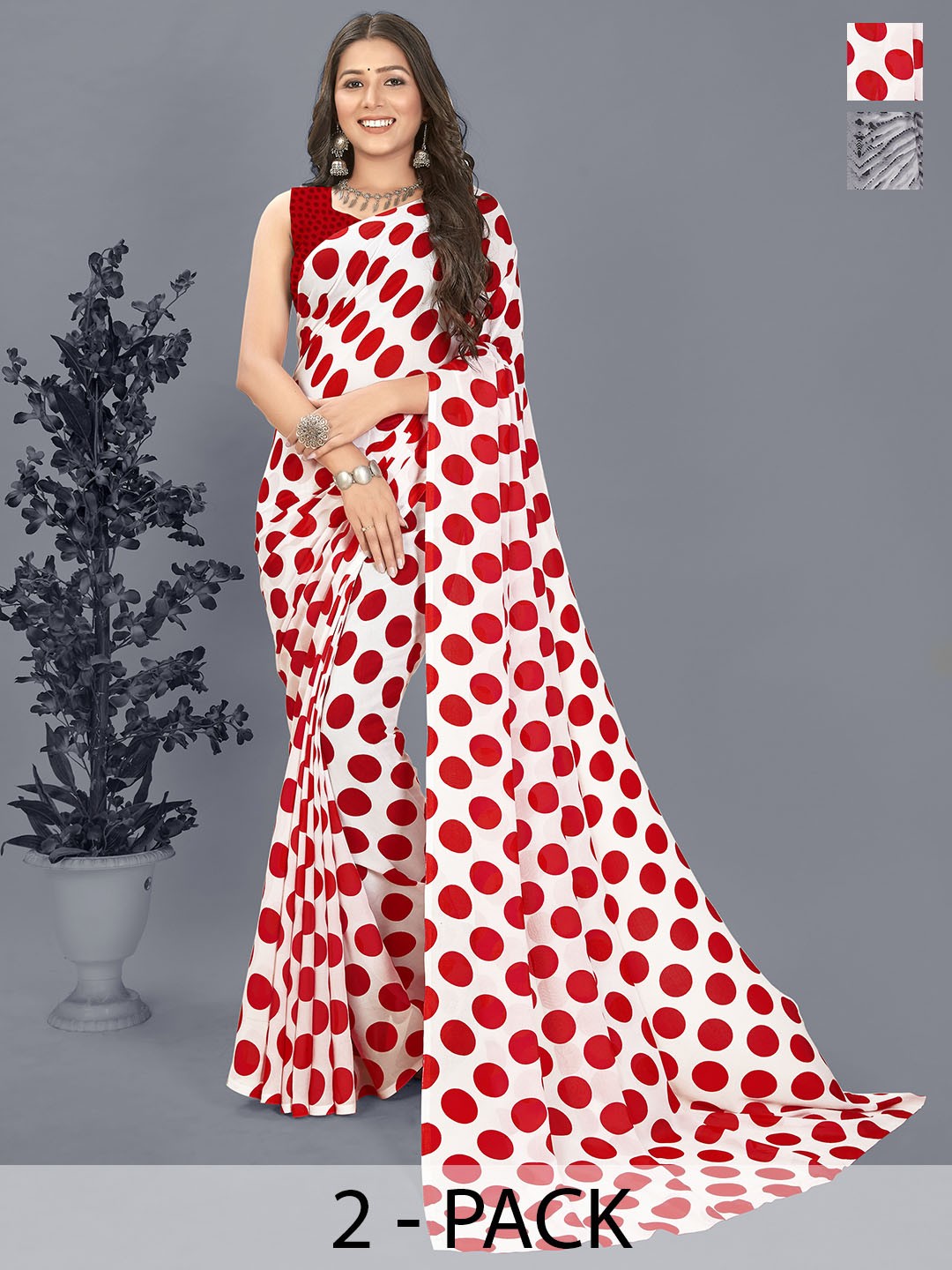 

ANAND SAREES Polka Dot Pack of 2 Saree, Red