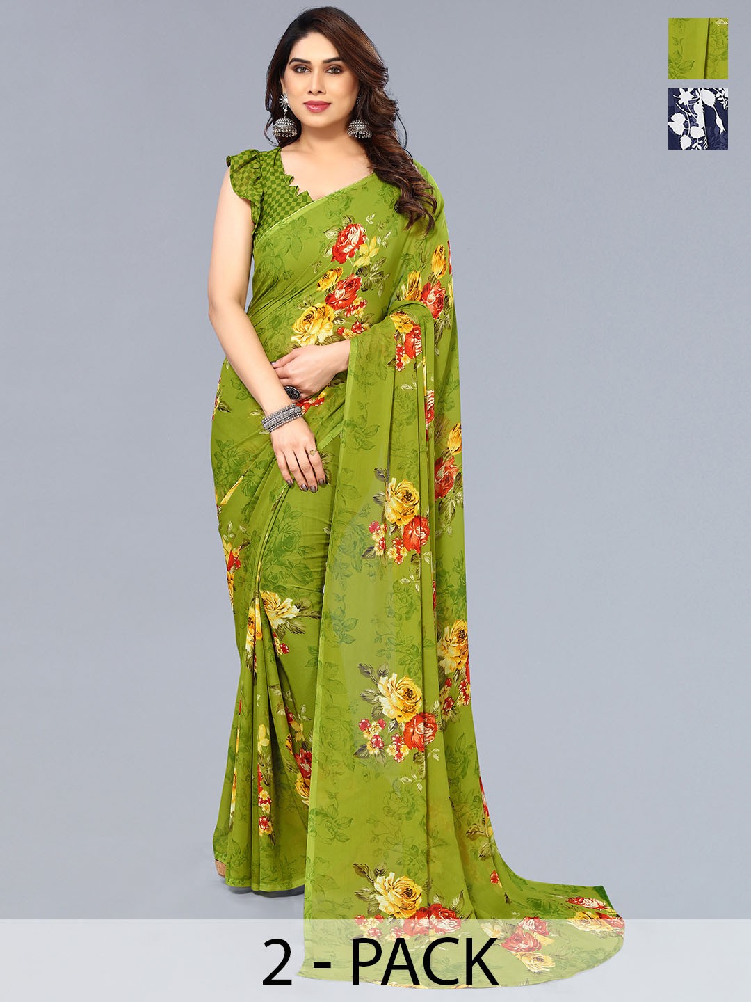 

ANAND SAREES Floral Poly Georgette Saree, Blue