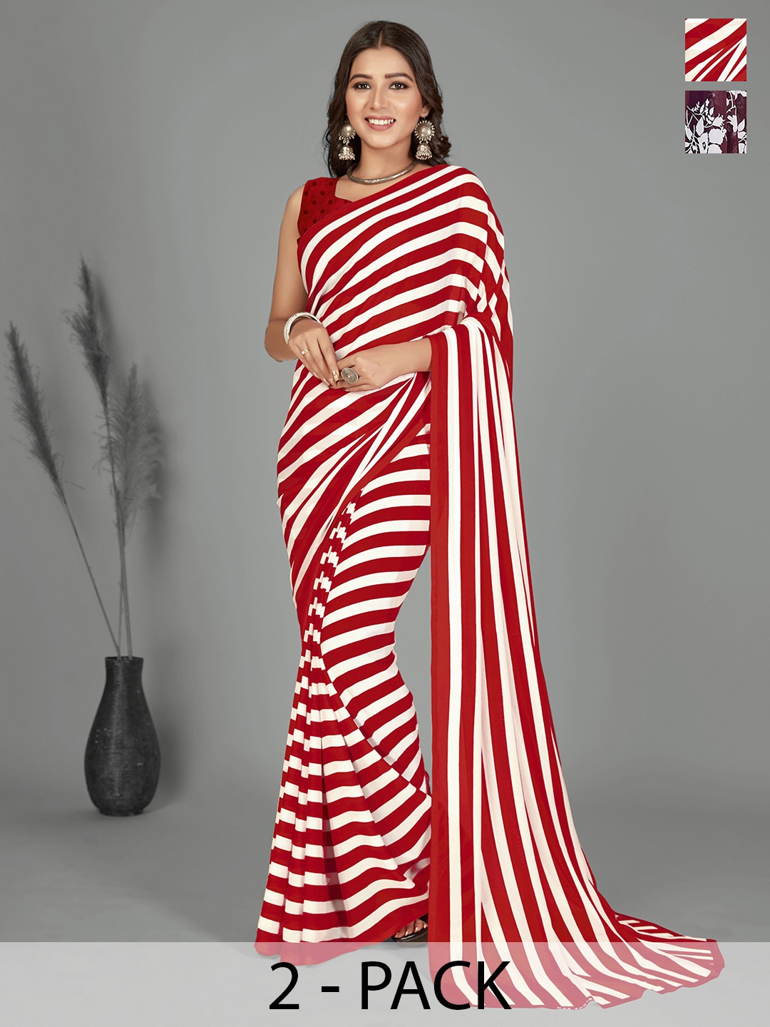 

ANAND SAREES Striped Pack of 2 Saree, Red