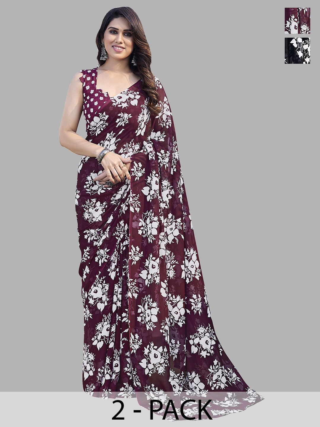 

ANAND SAREES Floral Pack of 2 Saree, Black