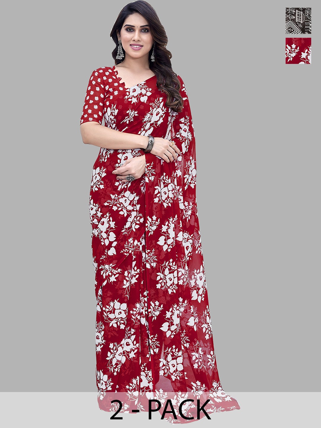 

ANAND SAREES Floral Pack of 2 Saree, Red