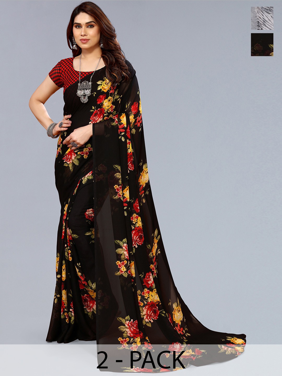 

ANAND SAREES Floral Pack of 2 Saree, Black