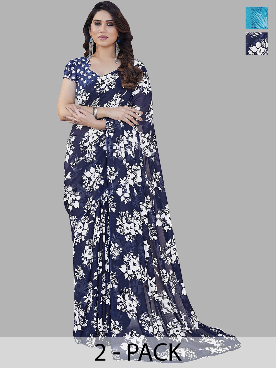 ANAND SAREES Floral Pack of 2 Saree, Navy blue
