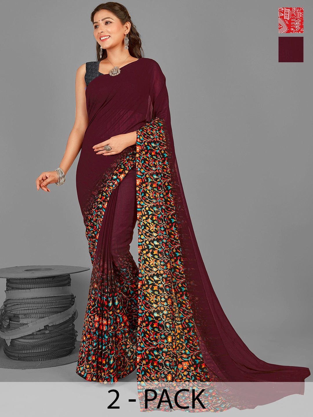 

ANAND SAREES Warli Pack of 2 Saree, Red