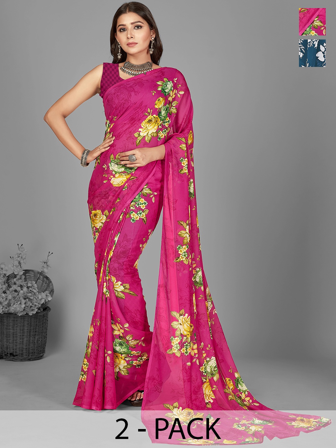 

ANAND SAREES Floral Poly Georgette Saree, Blue