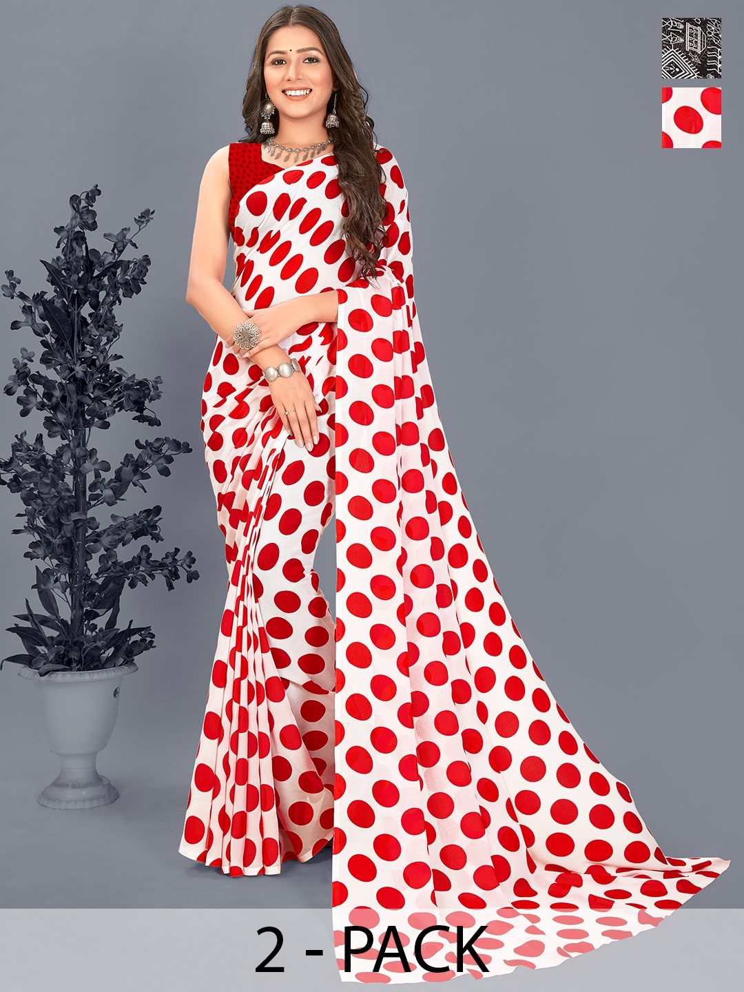 

ANAND SAREES Polka Dot Pack of 2 Saree, White