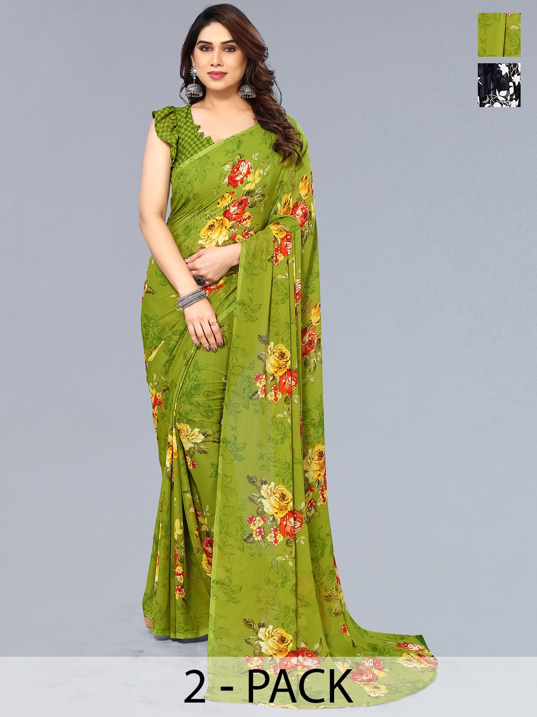 

ANAND SAREES Floral Poly Georgette Saree, Green